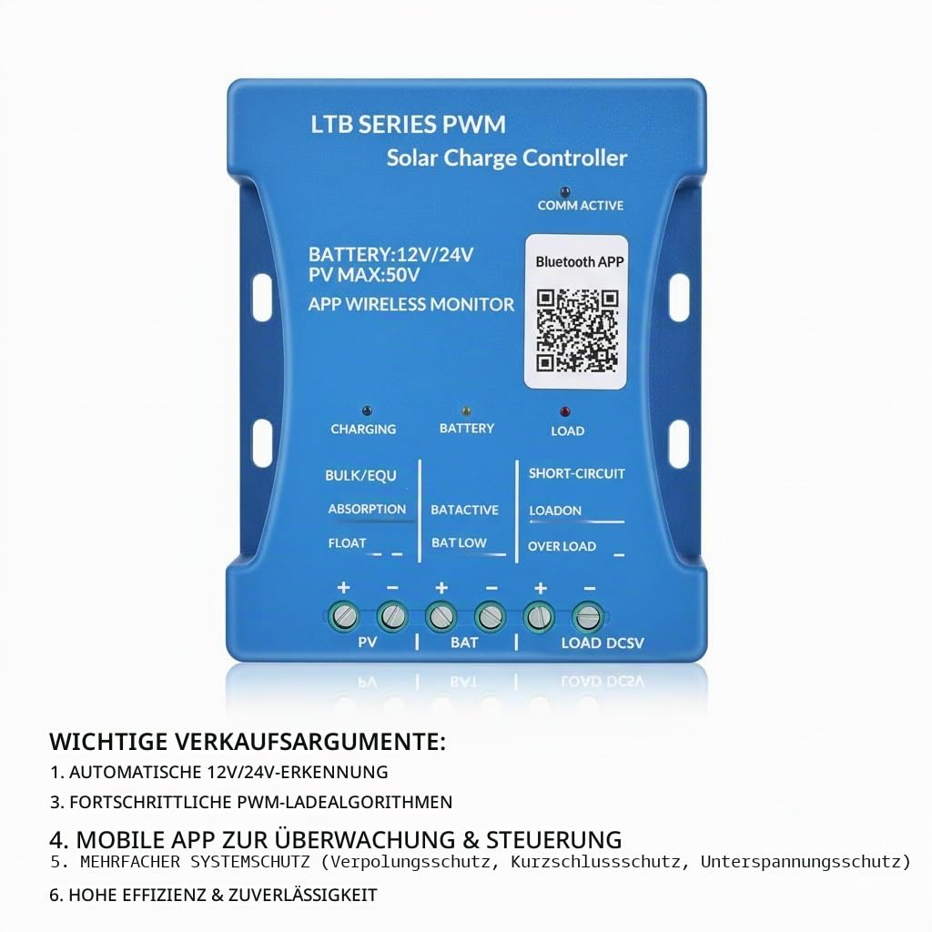 【30 A Bluetooth-Solar-Ladegerät-Controller】30 A Solarregler PV max 50 V 12 V/24 V Solarregler PWM für Blei-Säure, LiFePO4, Lithium-Batterien