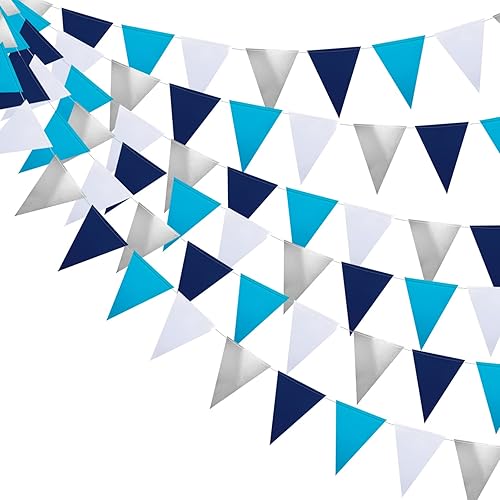 Guzon Decoraciones de fiesta de 30 pies, color azul marino, blanco y plateado, paquete de 3 banderines de bandera triangular, guirnalda de papel