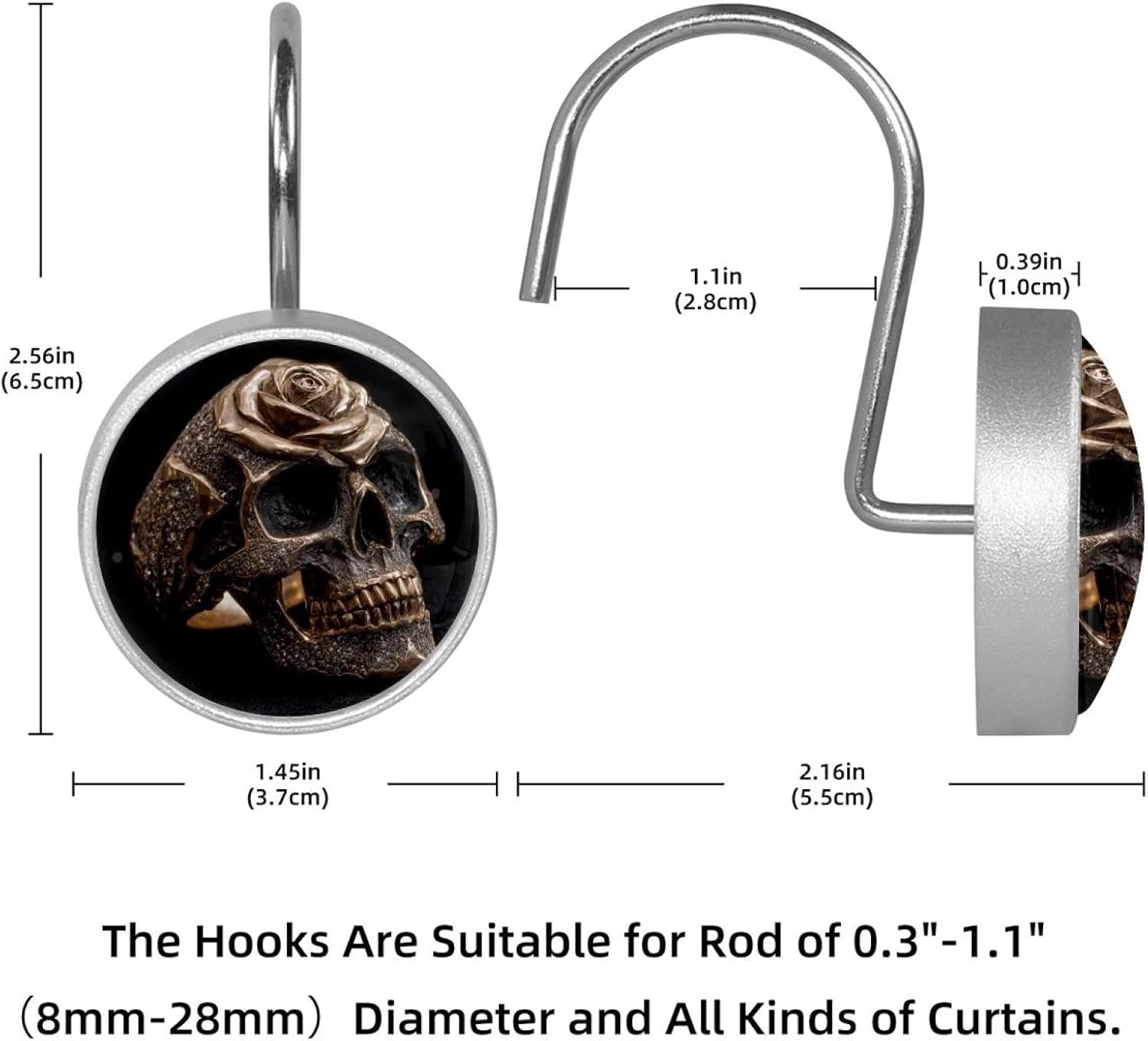 Set of 12 Black Gold Rose Skull (6) Shower Curtain Hooks, Stainless Steel Rust-Resistant Decorative Hanger Rings