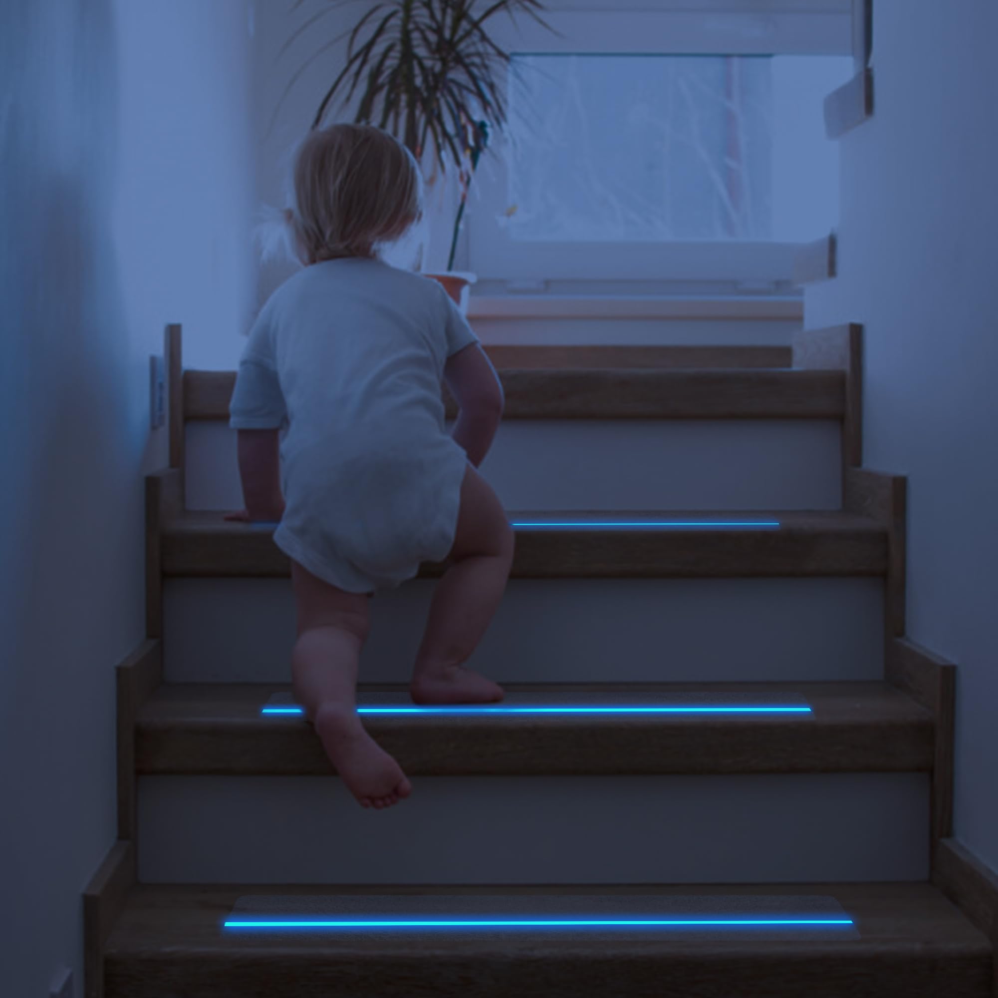 Meoarcx 6'' x 24'' Clear Stair Treads Non Slip with Glow in Dark Blue Stripe, 15 Pack Pre-Cut Transparent Non Slip Strips Indoor Outdoor for Stairs,