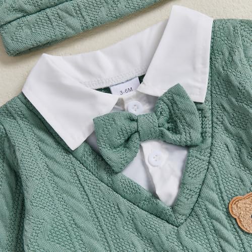 Newborn Baby Boy Fall Winter Outfit Bear Long Sleeve Sweater Romper Bowtie Jumpsuit One Piece Dress Clothes Hat4