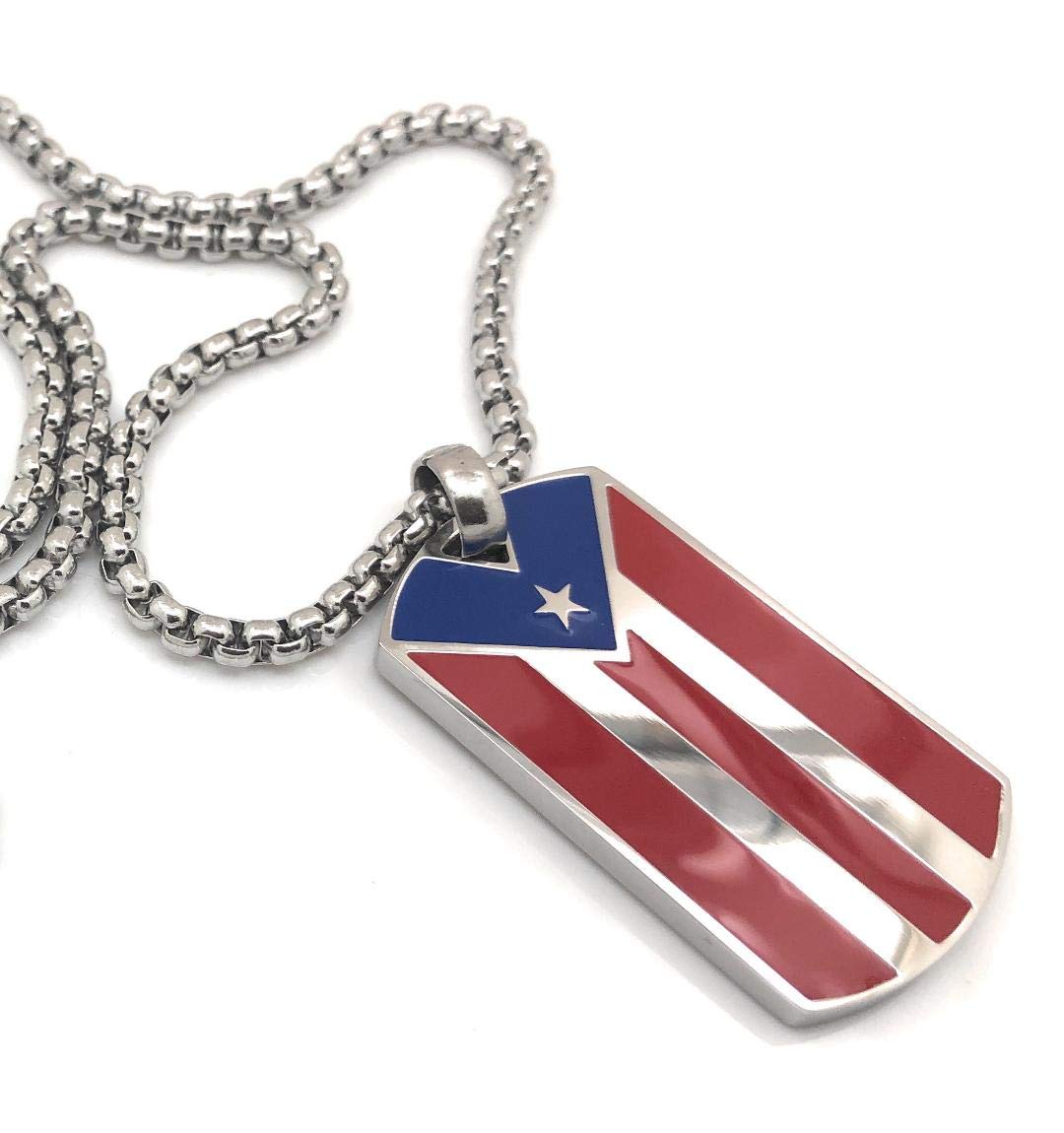 Papiichulo Stainless Steel Puerto Rican Pride Dog Tag Necklace – Featuring Authentic Red, Blue, and Silver Flag Design – Ideal Expression of Cultural
