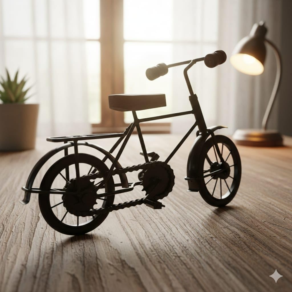 Vintage Miniature Bicycle Decor, Black Metal Desk Ornament, Decorative Bike Model with Brown Leather Seat, Home Office Display