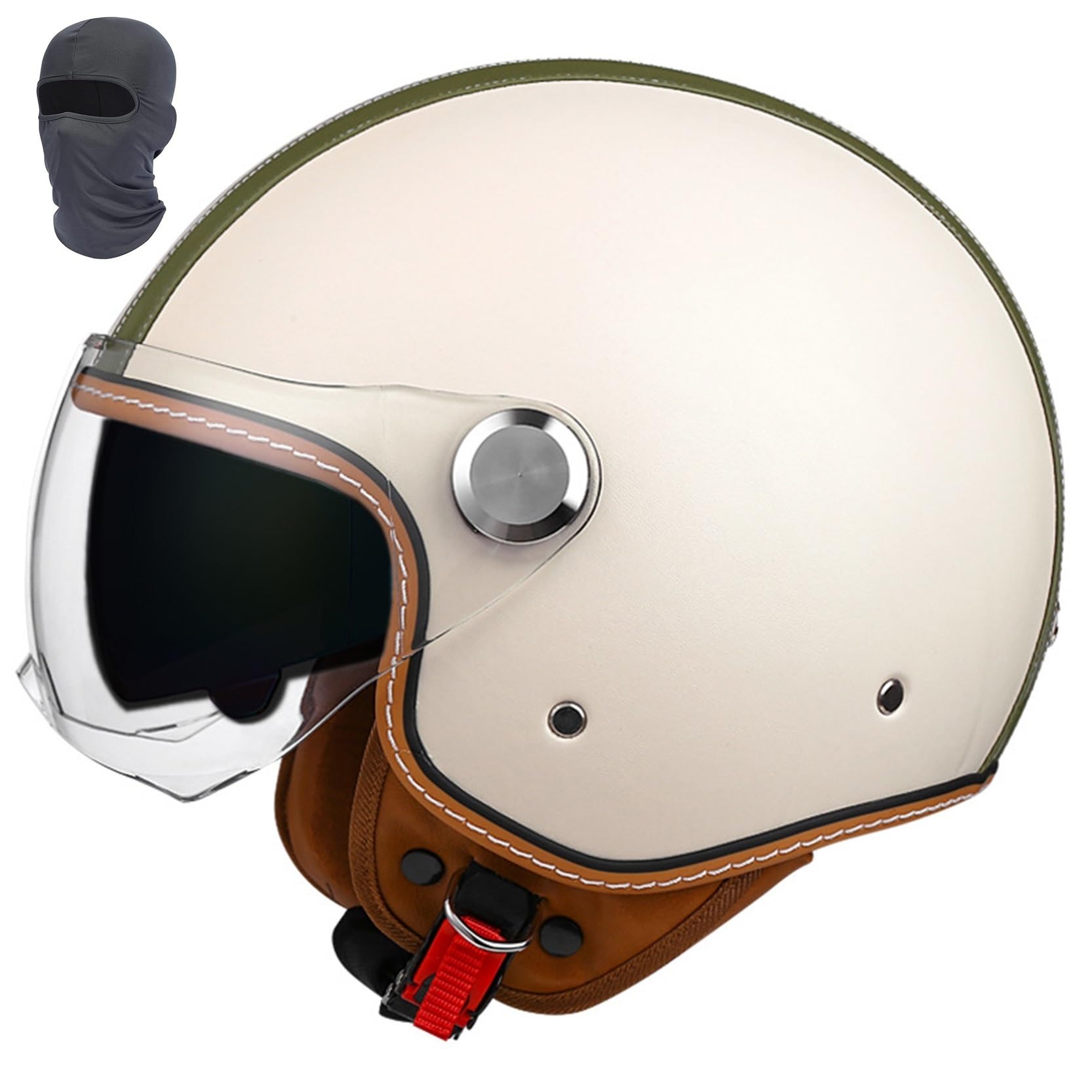 Casco de Moto Retro for Hombre y Mujer, de Cuero, con Doble Visera, Abierto 3/4, certificación ECE/Dot, Forro Desmontable.