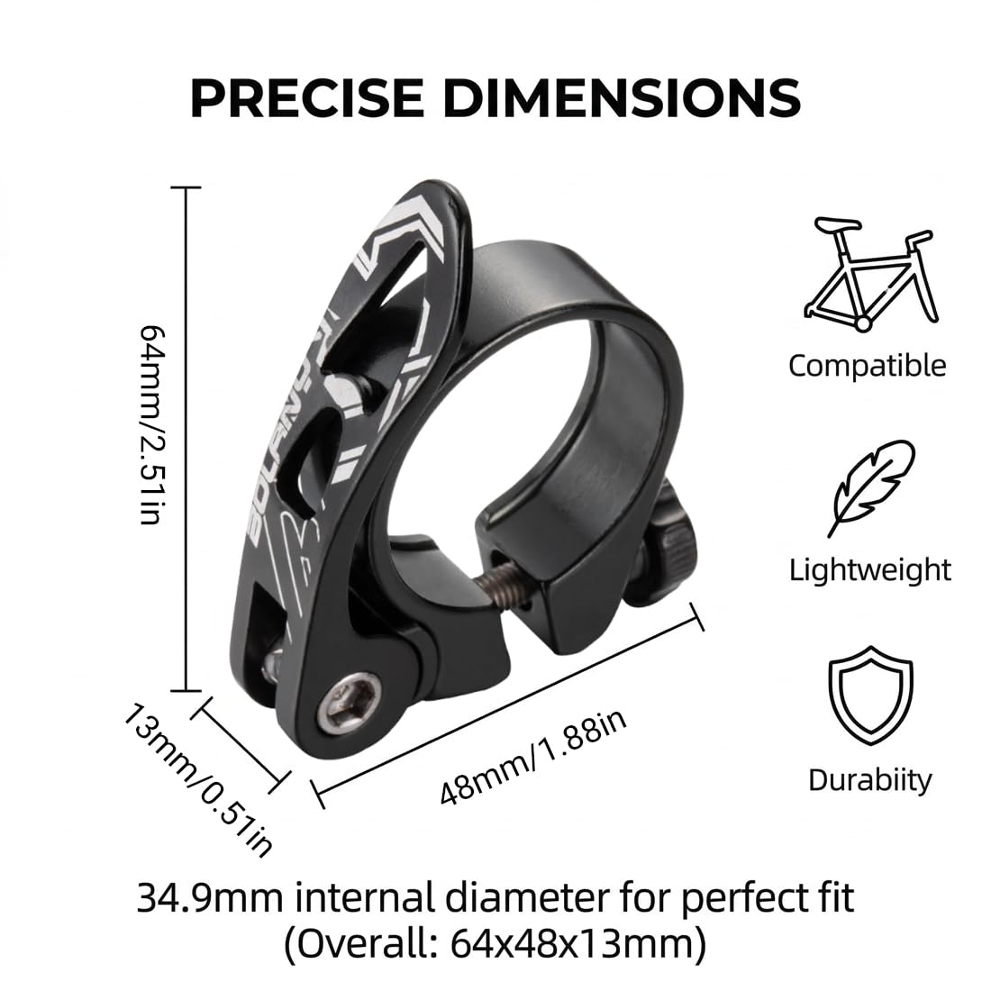 Collarino Reggisella in alluminio, nero, 34.9mm, con sistema di sgancio rapido, resistente alla corrosione, per mountain bike e bici da corsa