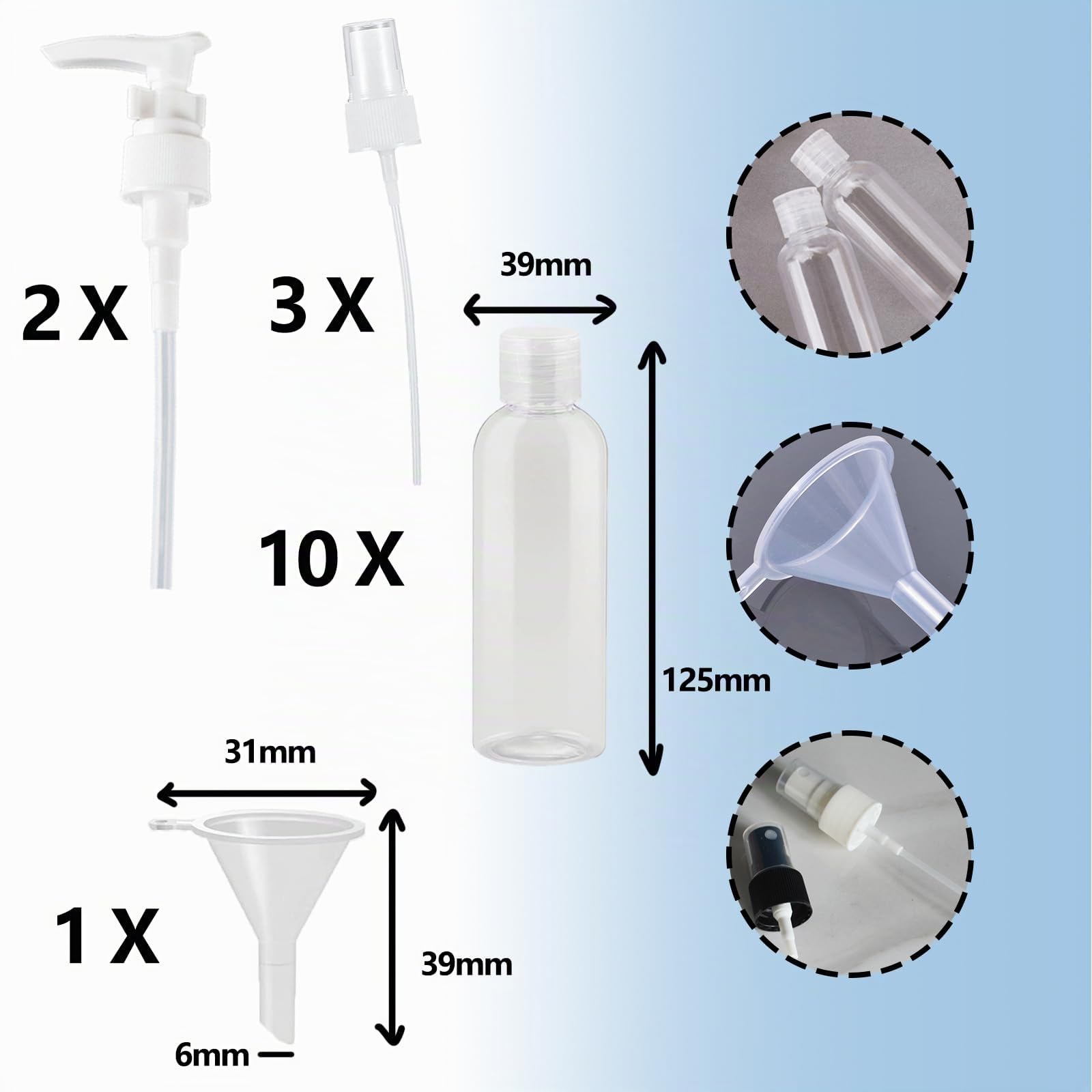 Set di 10 flaconi da viaggio - Flaconi dispenser in plastica trasparente da 100 ml con tappo a scatto, mini flaconi d'aria, contenitori per gel doccia da viaggio in PET per lozione di riempimento