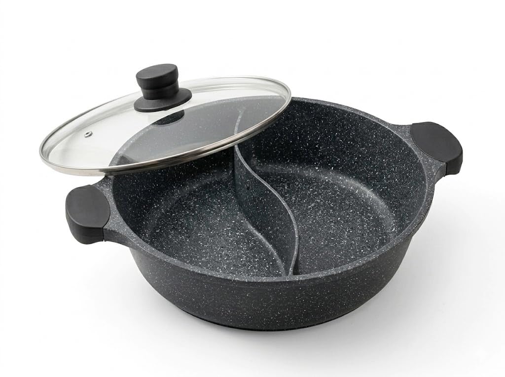 Kimbatex Cacerola Dividida Hot Pot 28 cm, Aluminio Fundido Antiadherente, con Tapa de Cristal, Apta para Inducción y Todo Tipo de Fuegos