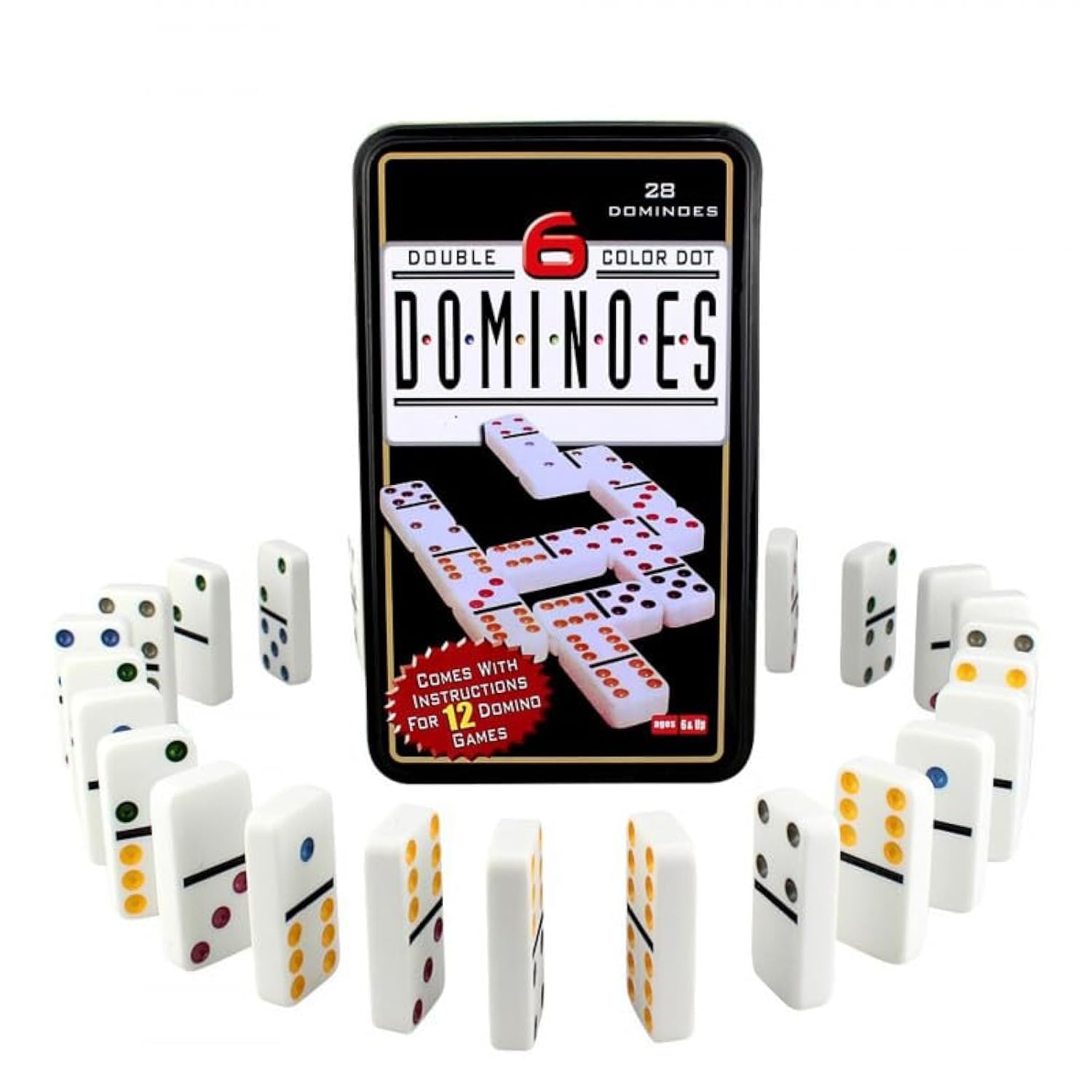 Dominoes Board Game / Dominoes Game with Metal Box / Traditional Game for Children and Adults / 28 Tokens and 6 Colours