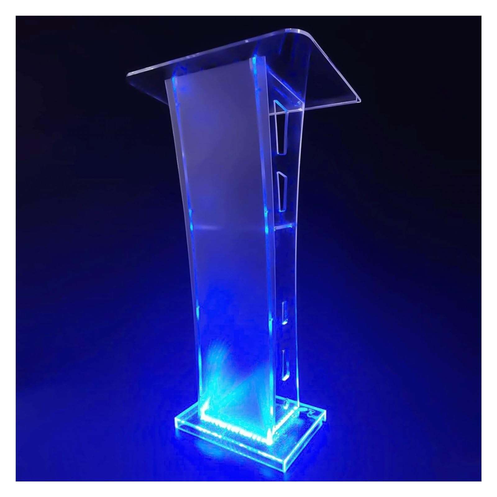 YTGHBIML Acrylic Podium Stand with LED Lights, Clear Pulpits for Churches, Floor Standing Presentation Lectern with Storage Shelves(With Blue Led Light)