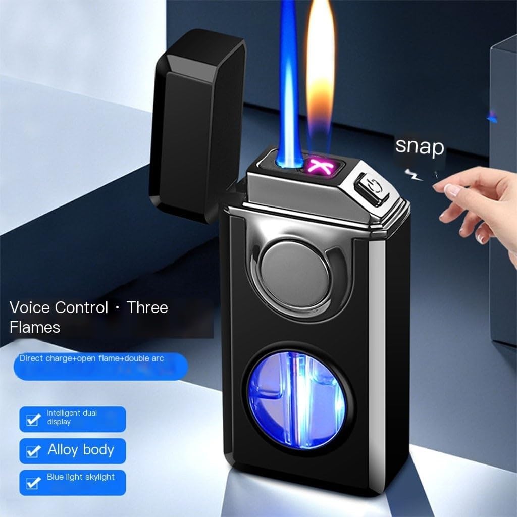 Refillable Butane Lighter 3 Flame Modes Voice-Activated Ignition Windproof Dual-Arc Lighter Dual Flame for Men(White)