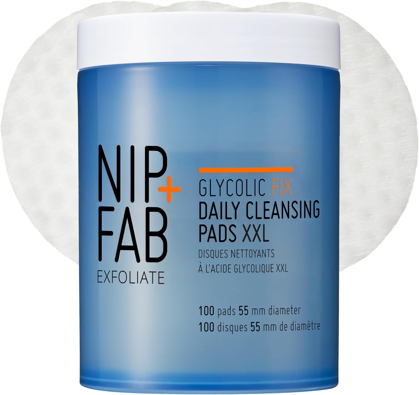 Nip + Fab Glycolic Fix Daily Cleansing Pads XXL – 3% Glycolic Acid AHA Exfoliating Facial Wipes with Hyaluronic Acid for Resurfacing, Brightening & Smoothing, 100 Pads