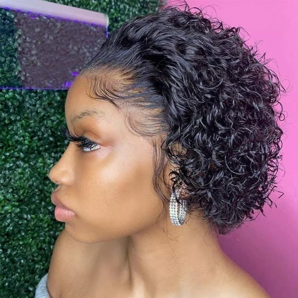 Pixie Cut Curly 13x1 Transparent HD Lace Front Wigs Human Hair Pre Plucked Hairline Short Curly Glueless Lace Front Wigs for Black Women Brazilian Virgin Hair 150% Density Natural Color 6 Inch