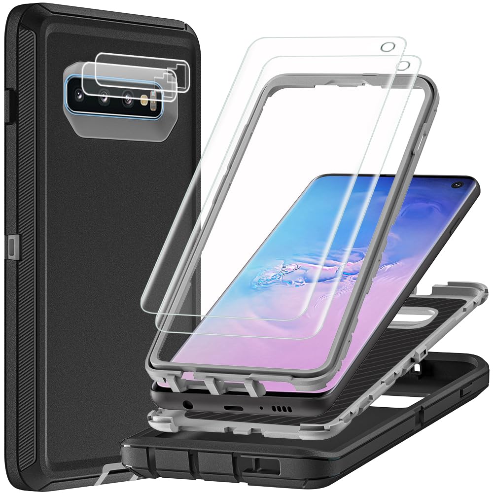 TFDSEUGH for Samsung Galaxy S10 Case with 2Pcs Self Healing Flexible TPU Screen Protector & Camera Lens Protector, 3 in 1 Heavy Duty Shockproof/Drop