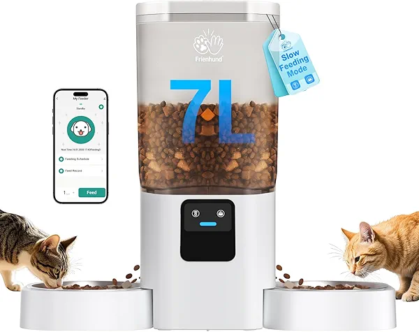 Frienhund Automatic Cat Feeder 2 Cats with Slow Feed: Dual Automatic Dog Feeder with 5G WiFi, Cat Food Dispenser with APP Control for Multiple Pets, Detachable for Easy Clean,Large Food Storage-29 Cup
