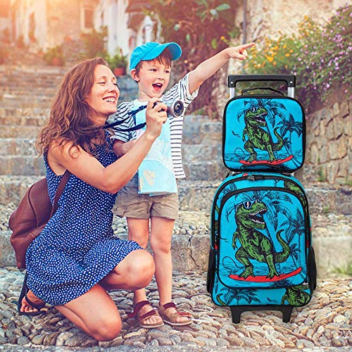 Mochila Infantil Menino Rodinha,Dinossauro Bolsa de Livros com Rodas para Meninos,Kit 3 Peças