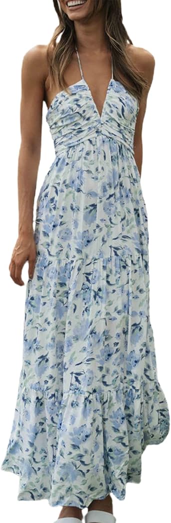 Womens Halter Neck Floral Maxi Dress 2024 Summer Boho Long Sundress Sexy Sleeveless Backless Flowy Ruffle Dress