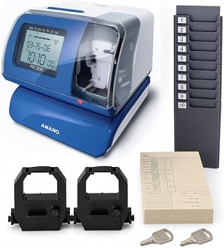AMANO PIX-200 Electronic Time Recorder & Date Stamp Starter Pack, Includes 2 Ink Ribbons, 100 Time Cards, Card Rack and Bundle