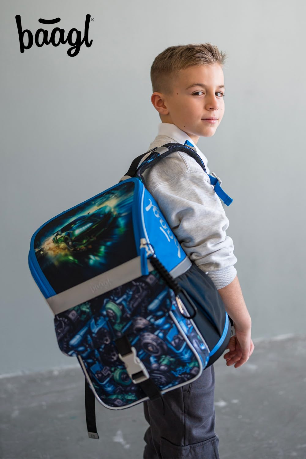 Baagl Mochila escolar para niños y niñas, 3 piezas, mochila escolar Zippy para 1ª clase, mochila escolar primaria con correa para el pecho, mochila escolar ergonómica, Coche de carreras, Juego de