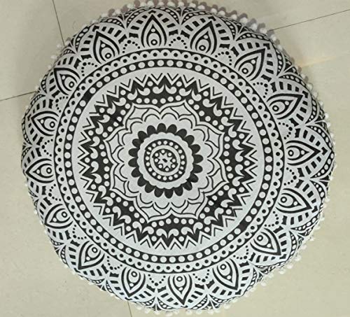 INDIAN CRAFT CASTLE 24\" Grey Ombre Mandala Barmeri Large Floor Pillow Cover Cushion Meditation Seating Ottoman Throw Cover Hippie Decorative Zipped Bohemian Pouf Ottoman Pom Pom Cases 24\" Round