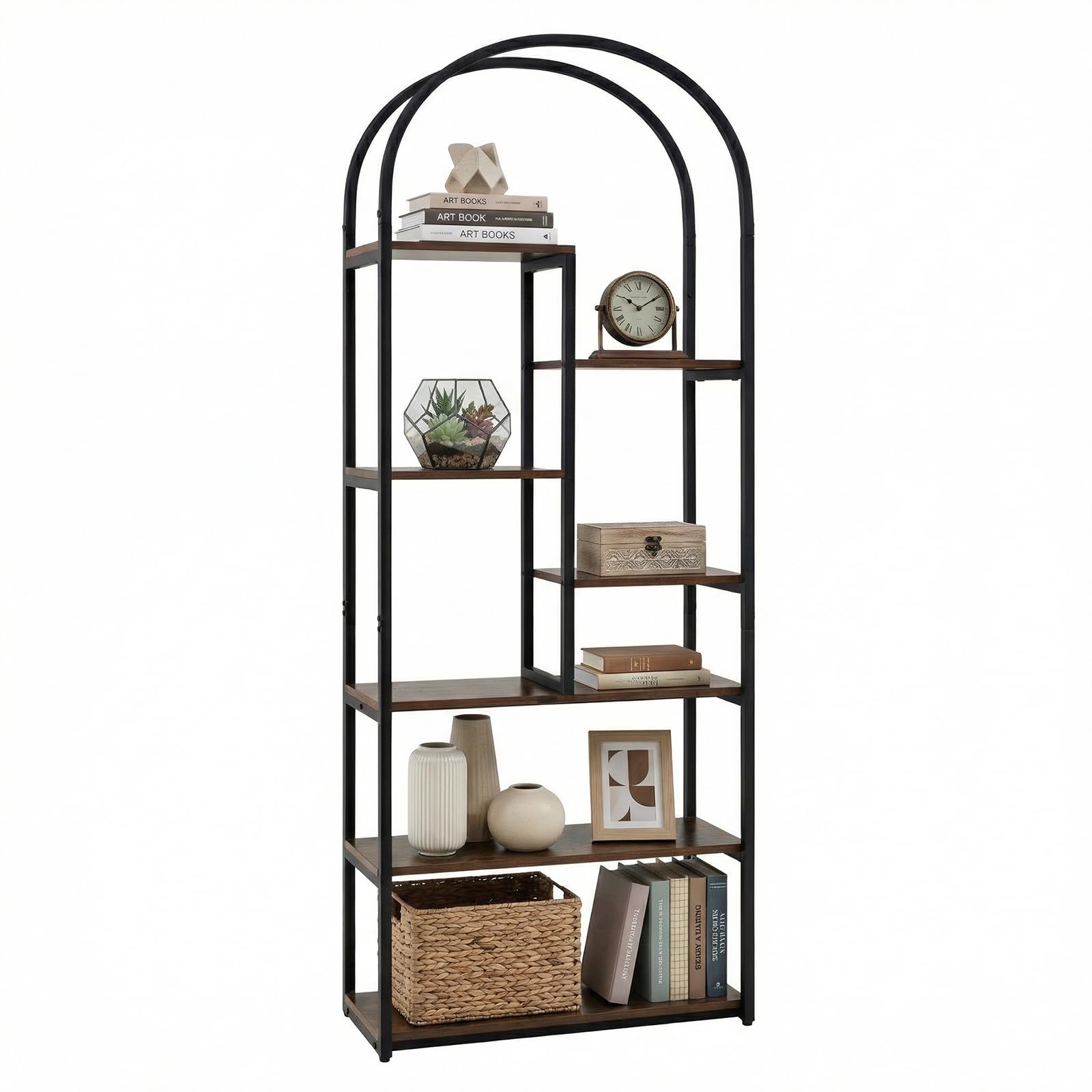 COSTWAY 4/7-Tier Arched Bookshelf, Metal Frame Bookcase Shelving Unit, Freestanding Display Storage Organizer for Living Room, Home Office and Bedroom (70 x 30 x 181.5 cm, Rustic Brown+Black)