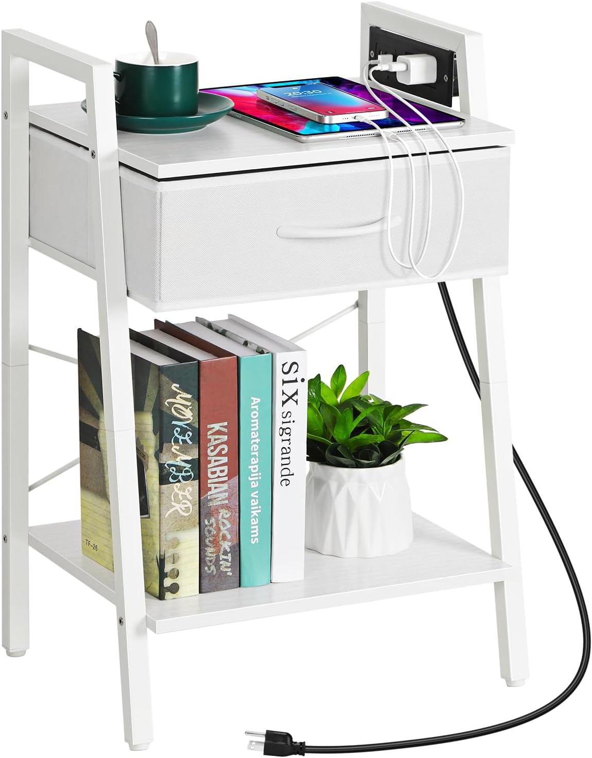 Amazon.com: White Nightstand with Charging Station, Small Night Stand ...