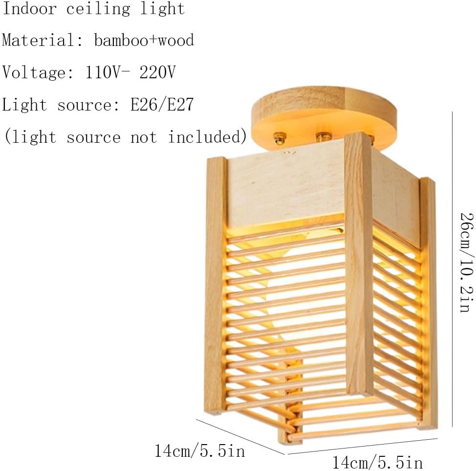 Japanese Style Ceiling Lamp Fixture, Wooden Art Square Bamboo Weaving Lampshade,E27 Corridor Interior Close to Ceiling Light Fixtures,Minimalist Pendant Lighting, for Living Room,Bedroom