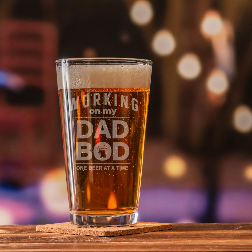 Dad Bod Pint Beer Glass - 16 oz of Funny - Glasses with saying Working on my Dad Bod One Beer at a Time - First time Dad, Fathers Day, Established 2020, est