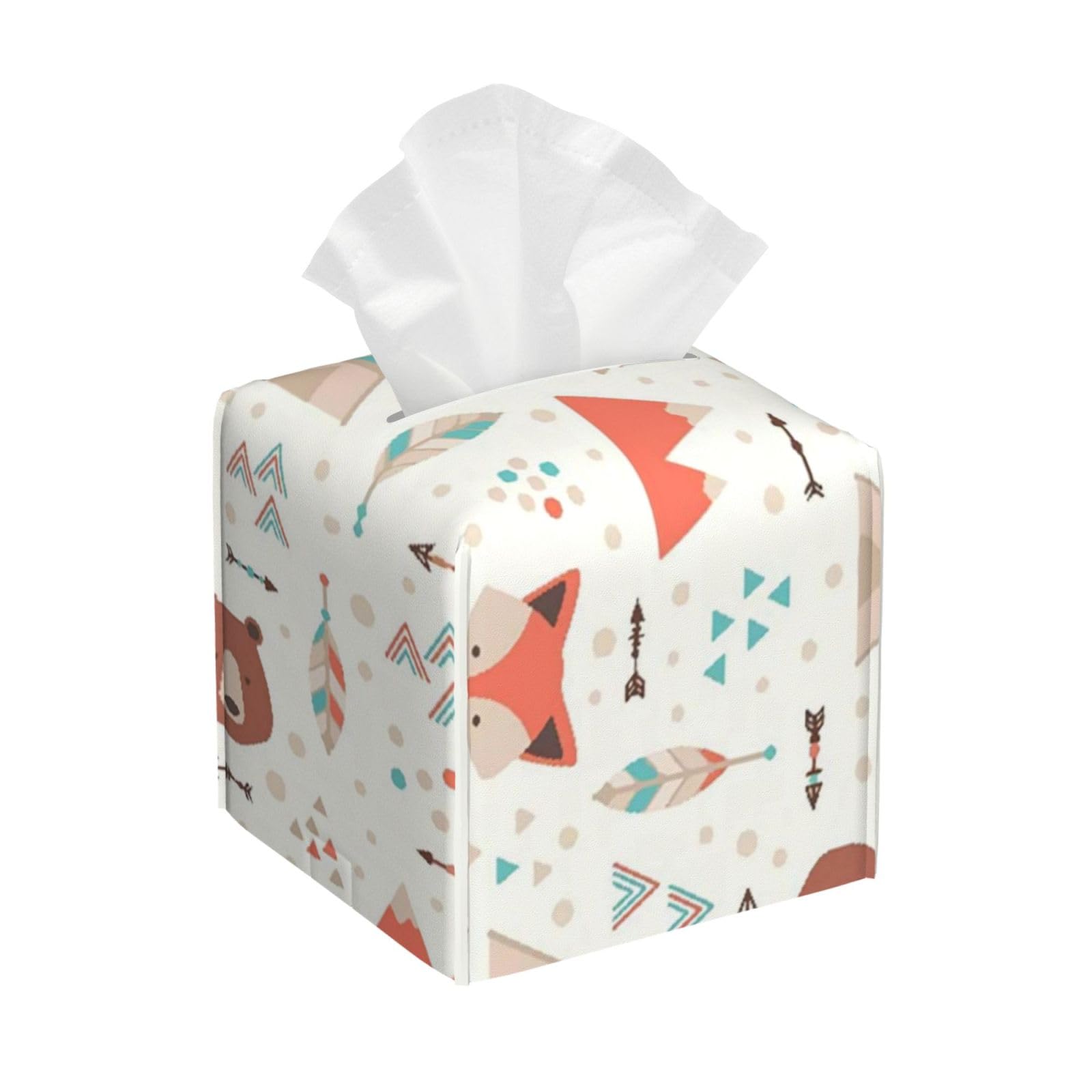 Bear Fox Mountain Ethnic Pattern PVC Cube Tissue Pack for Home Office Bathroom Use
