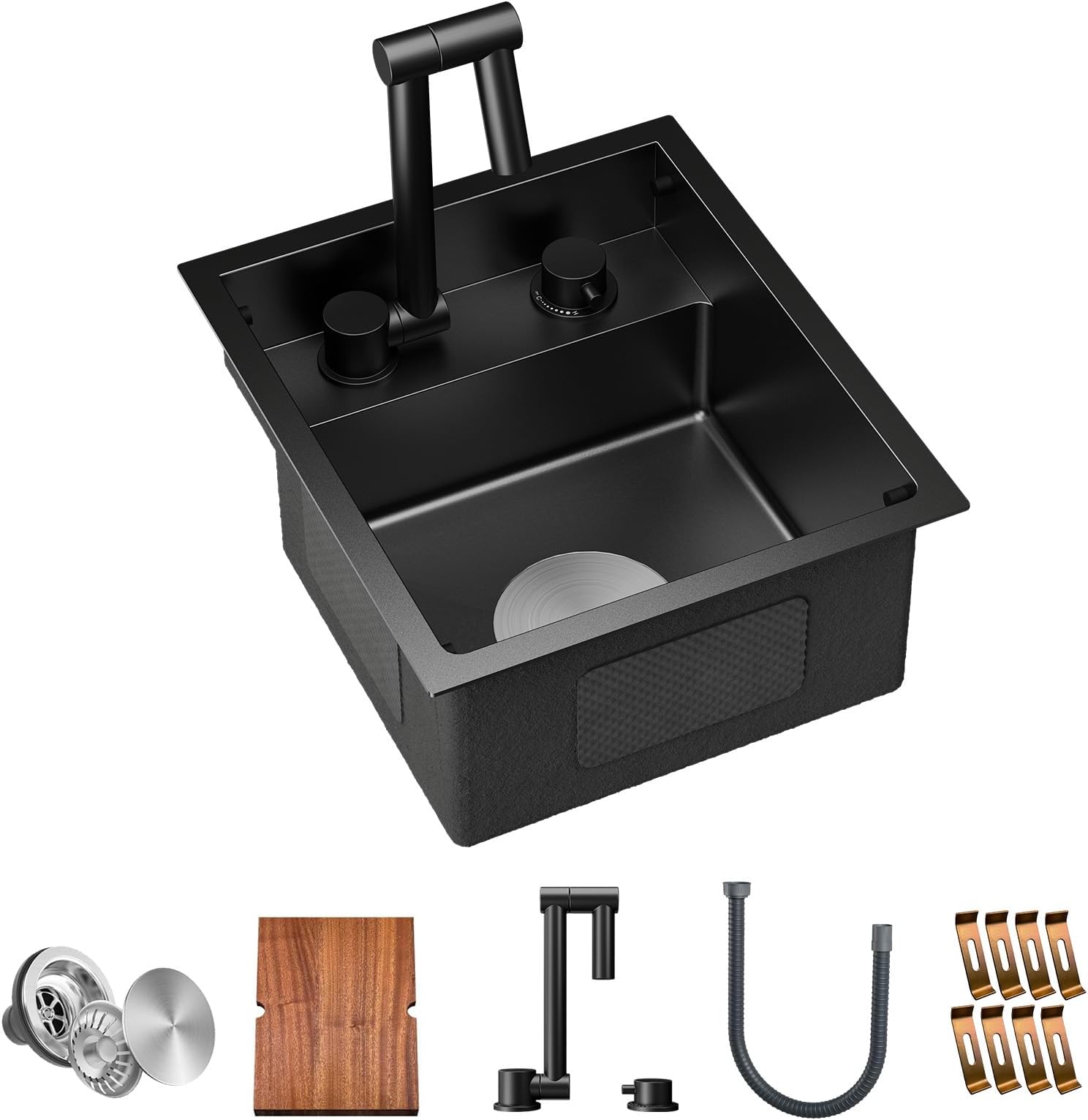 TORVA RV Kitchen Sink, 13 x 15 x 7 Inch Undermount Bar Sink 16 Gauge Stainless Steel Single Bowl Sink with Foldable Faucet Cutting Board, Dark Grey