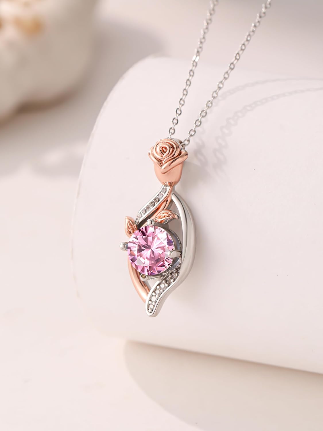 Rose Birthstone Necklaces for Women Rose Gold/White Gold Pendant Jewelry Wedding Anniversary Birthday Gift for Wife Her Mom Hypoallergenicity Jewelry With Fine Birthstone