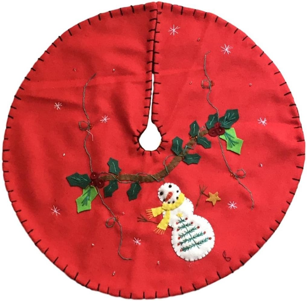 Handmade 24" Felt Applique Snowman Holly Christmas Tree Skirt Small Tabletop Size
