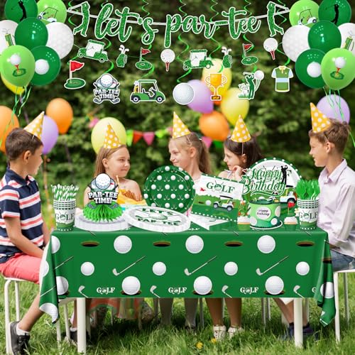 Image of Golf Party Decorations, All-in-1 Golf Birthday Decorations with Balloons Let's Par-Tee Plates Napkins Cake Toppers Honeycombs Tablecloths and Banner for Sports Themed Birthday Baby Shower, Serve 24