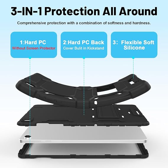 Case for Samsung Galaxy Tab A11+/ A9 Plus 11 Inch (2025/2024), Heavy Duty Rugged Shockproof 3-Layers Protective Case with Kickstand for Tab A11+/A9+ (SM-X230/X235/X210/X216/X218), Black