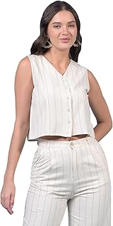 crimsoune club Women's Beige Vertical Stripes Sleeveless Linen Cropped Waist-Coat-picture-25