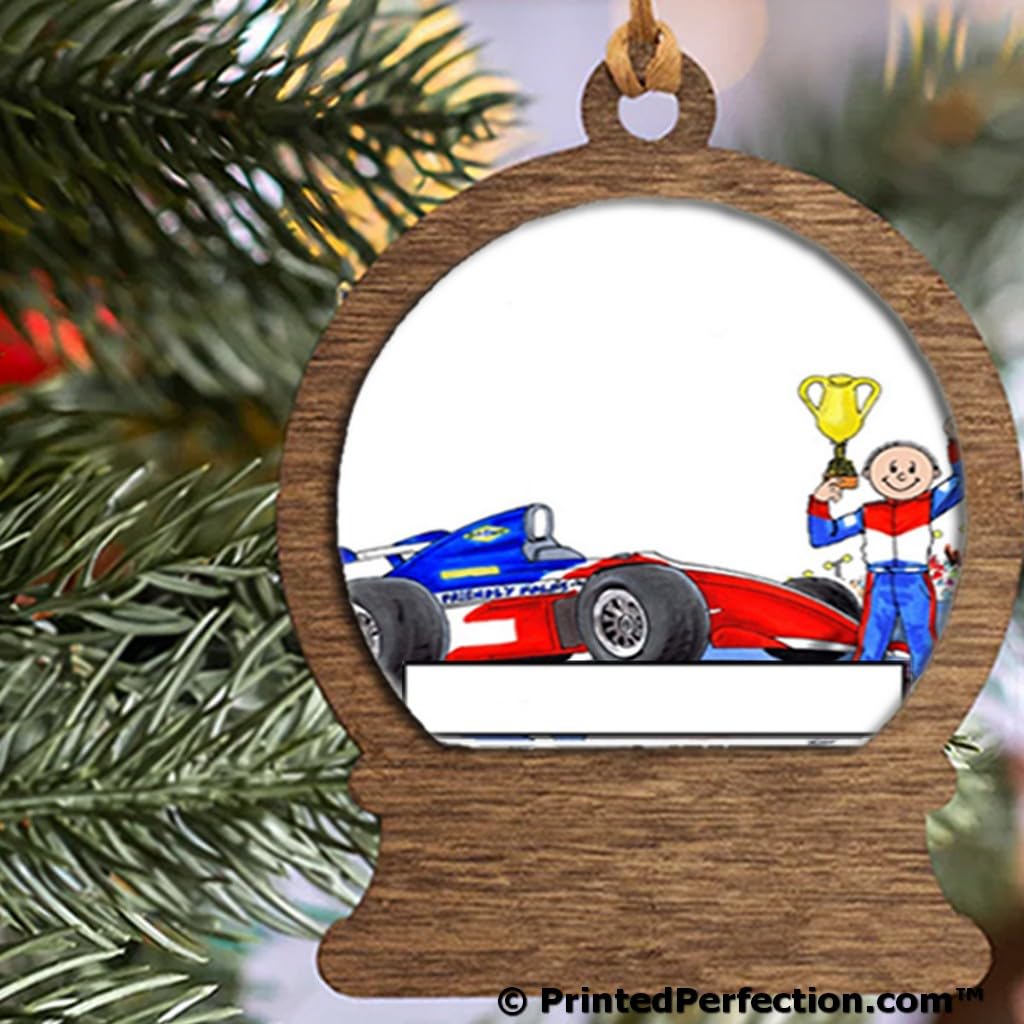 PrintedPerfection.com Personalized Race Car Driver, Indy - Male Wooden Snow Globe Shaped Christmas Ornament