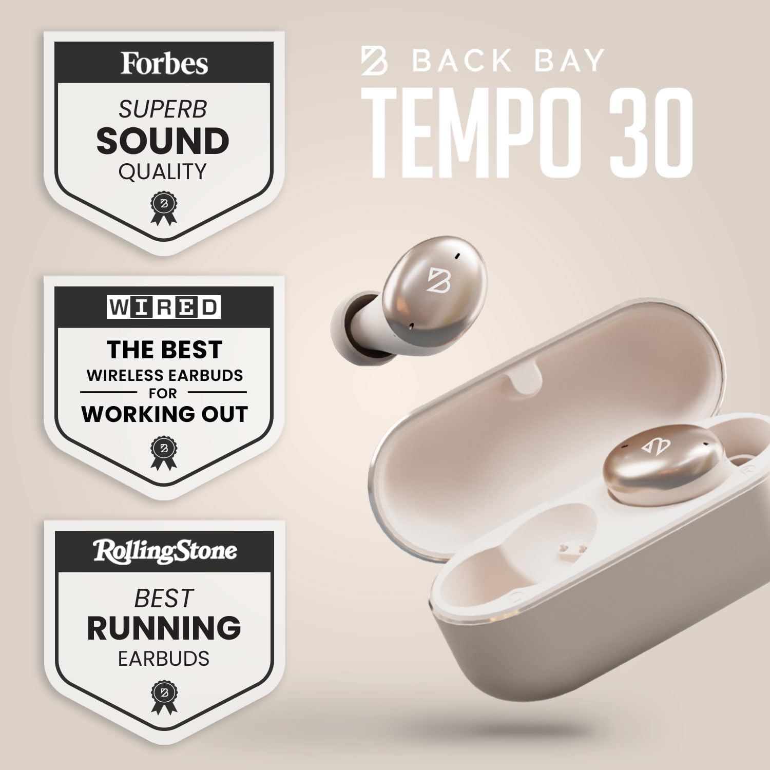 Back Bay Audio Tempo 30 Wireless Earbuds for Small Ears - Award-Winning Sound, Sweatproof Bluetooth Earbuds, Comfortable Ear Buds for Women, Gold Earphones Small Ear Canals, Long Battery Headphones - Image 3