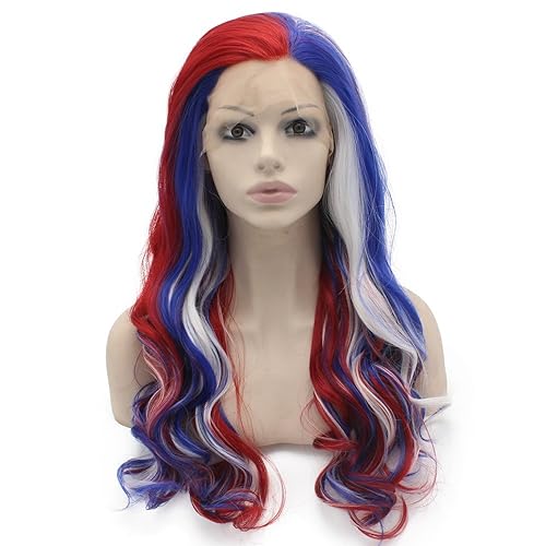 Mxangel Peluca larga ondulada con encaje frontal azul, rojo y blanco, mezcla colorida para fiesta de cosplay