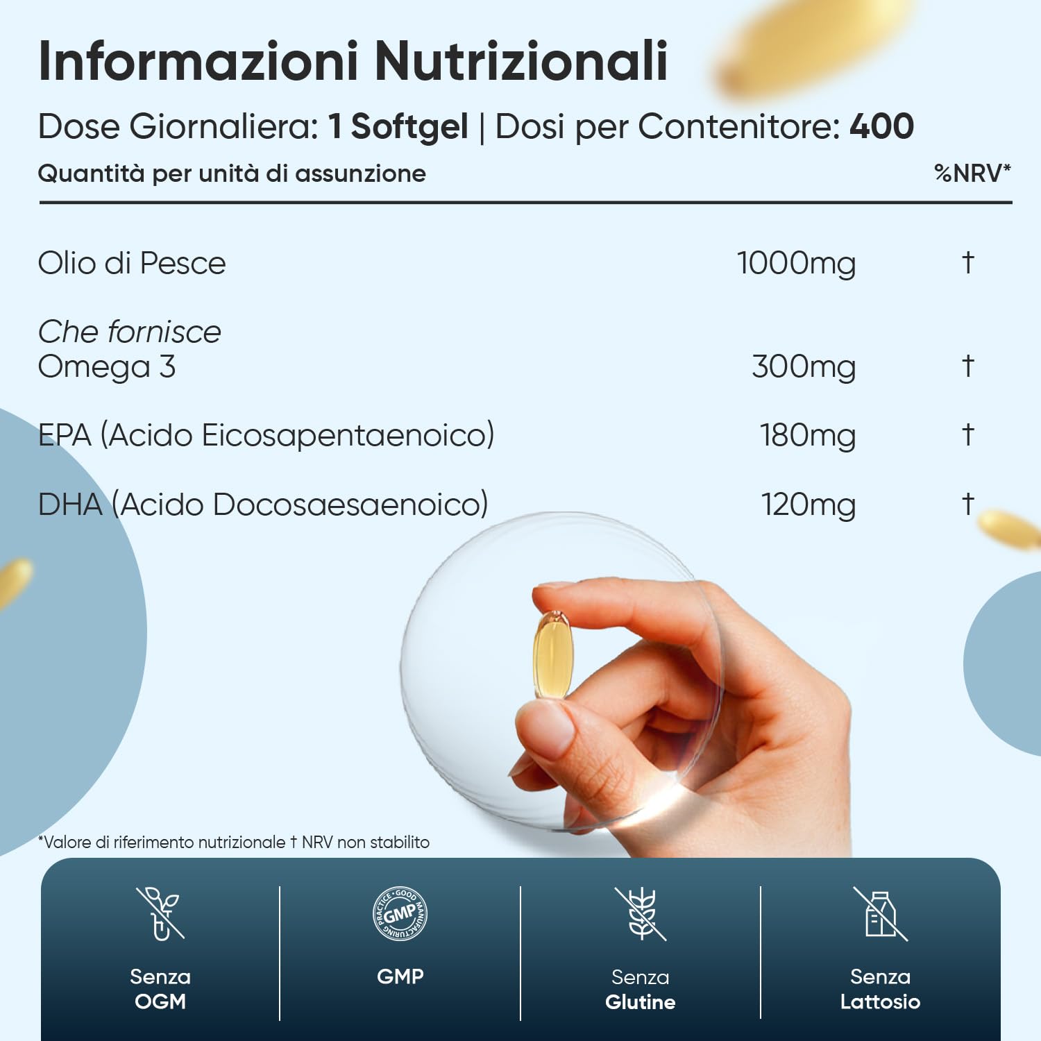 Omega 3 Olio di Pesce, 400 Softgel, (Fornitura 1+ Anno), 1 Softgel al Giorno, Omega3 Fonte di Acidi Grassi Essenziali, EPA e DHA Contribuiscono alla Normale Funzione del Cuore (EFSA), Fish Oil 1000mg