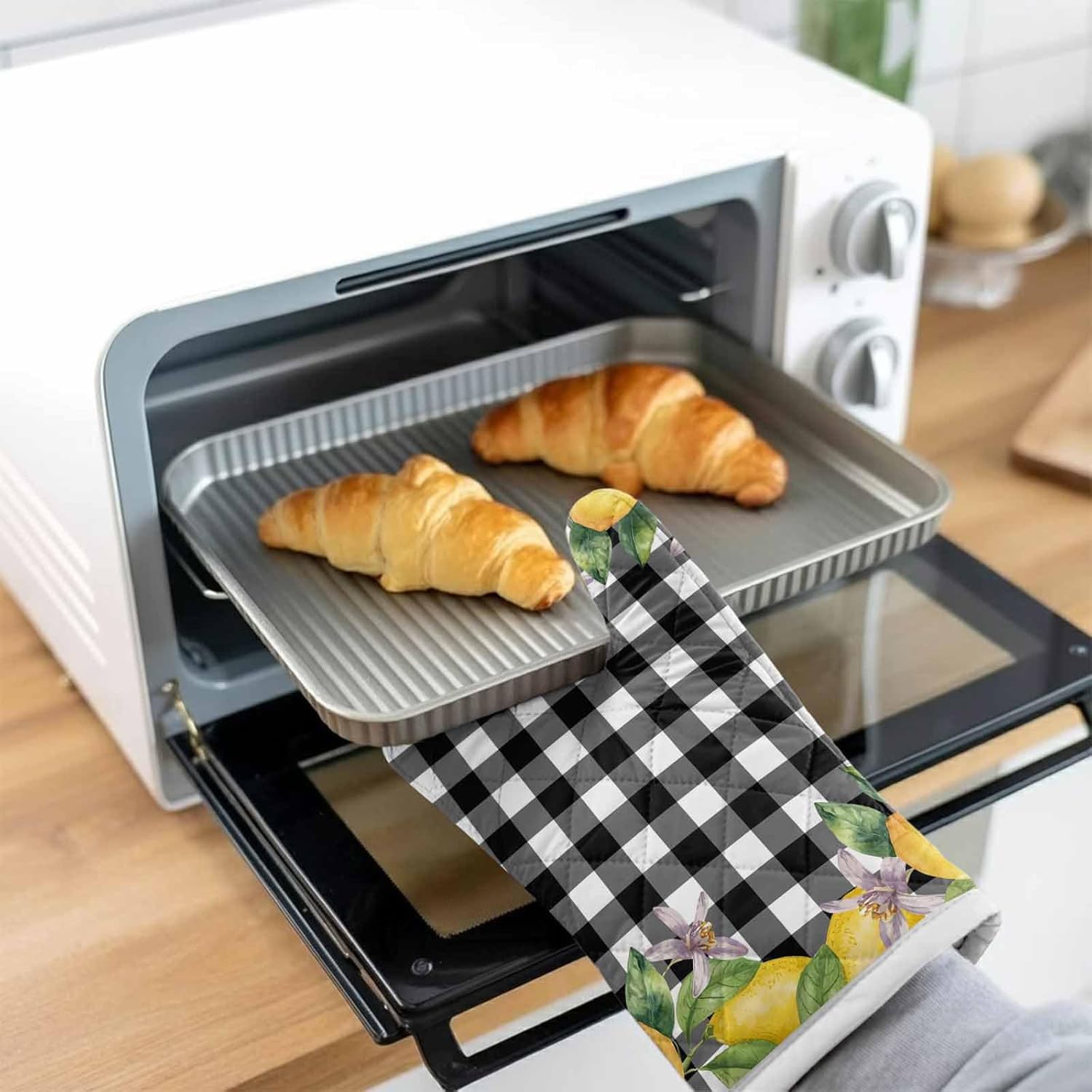 耐熱ミトン レモン 花 チェック柄 ミトン&middot;鍋敷2点セット 耐熱グローブ オーブングローブ やけど防止 滑り止め キッチンおーぶんみ