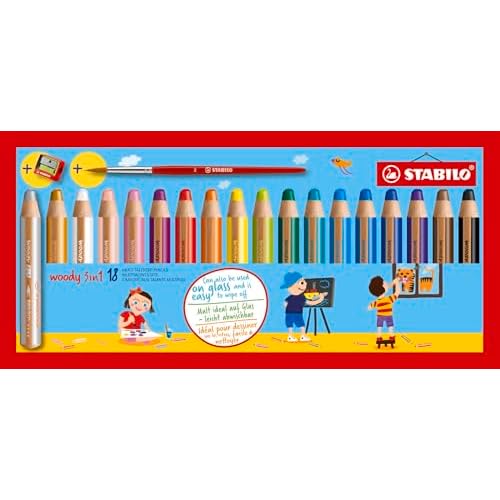 Buntstift, Wasserfarbe & Wachsmalkreide - STABILO woody 3 in 1 - 18er Pack mit Spitzer und Pinsel - mit 18 verschiedenen Farben