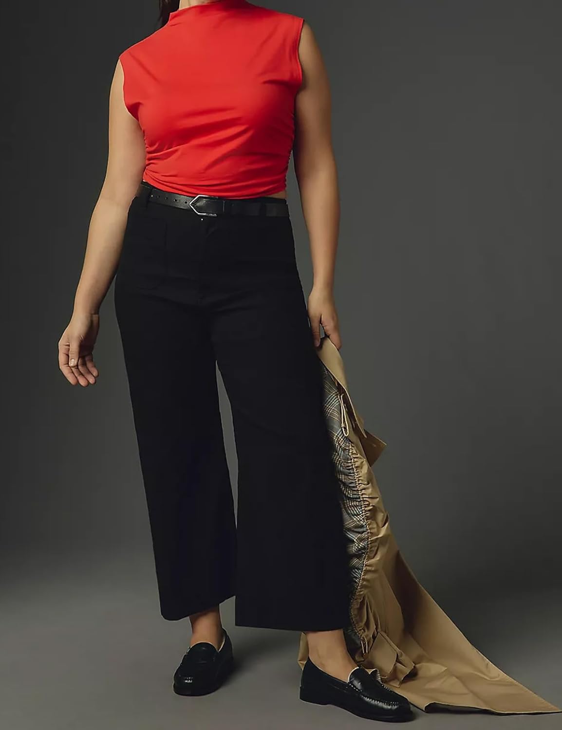 Womens Linen Pants Cropped Wide-Leg Pants Casual High Waist Baggy Pants Stretchy Straight Trousers with Pockets - Image 4