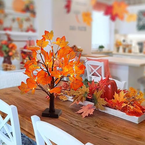 Miniatura 4 de Woohaha Árbol de arce iluminado con 24 luces LED, decoración de Acción de Gracias, árbol de mesa de hoja de arce, temporizador que funciona