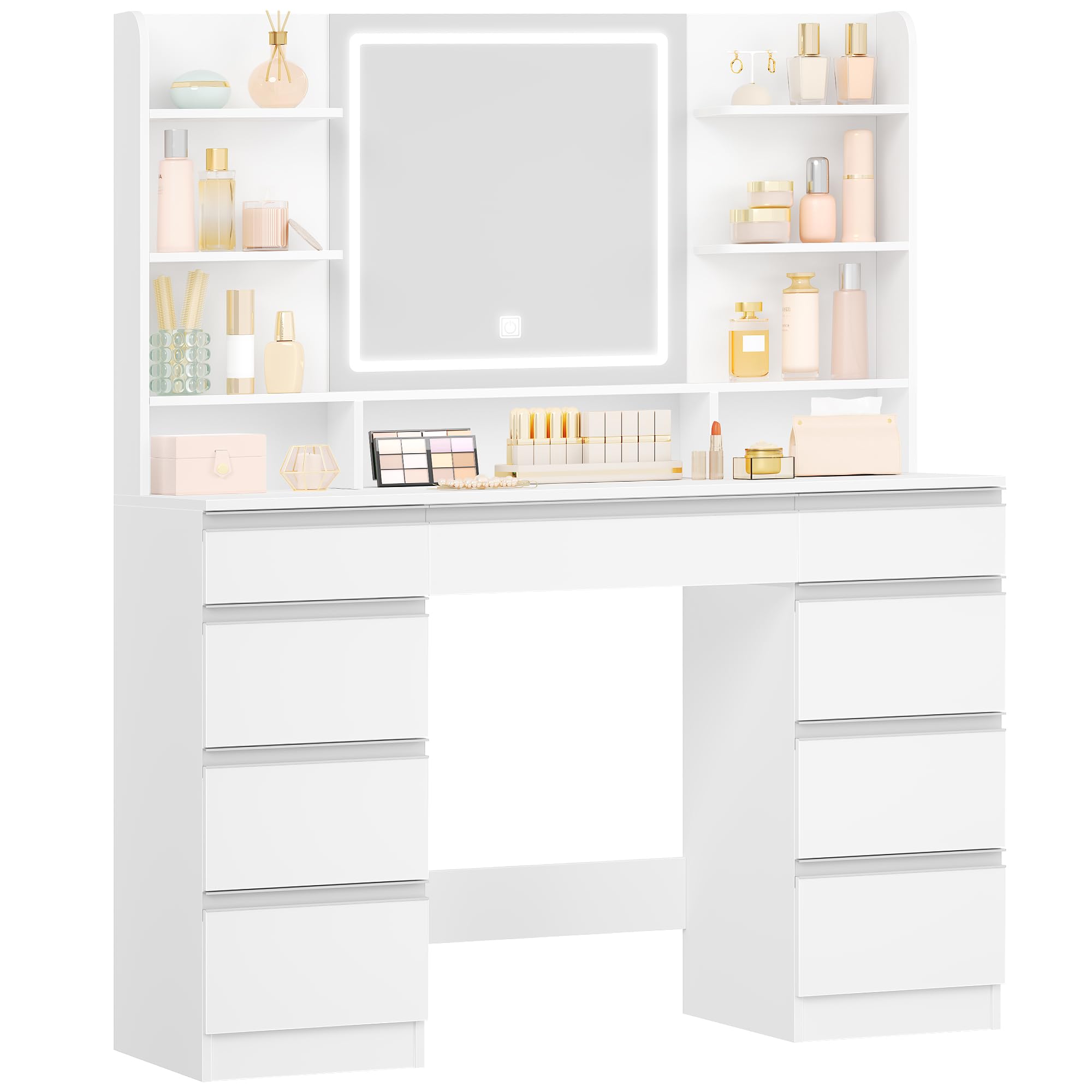 Tocador Grande con Iluminación LED, 3 Colores, Brillo Ajustable, Mesa de Maquillaje con Espejo, 9 Cajones, Estilo Moderno, Blanca-Plata