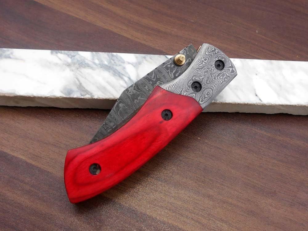 8" long hand forged custom made Damascus steel pocket clip folding knife, Natural scale with Damascus Bolster cow leather sheath (Red)