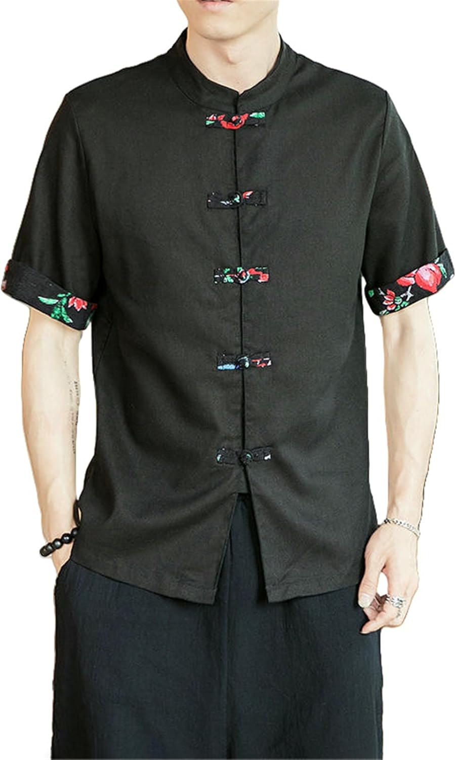 Men's Summer Chinese Style Casual Minimalist Frog Buttons Vintage Cardigan Stand Collar Short T-Shirt