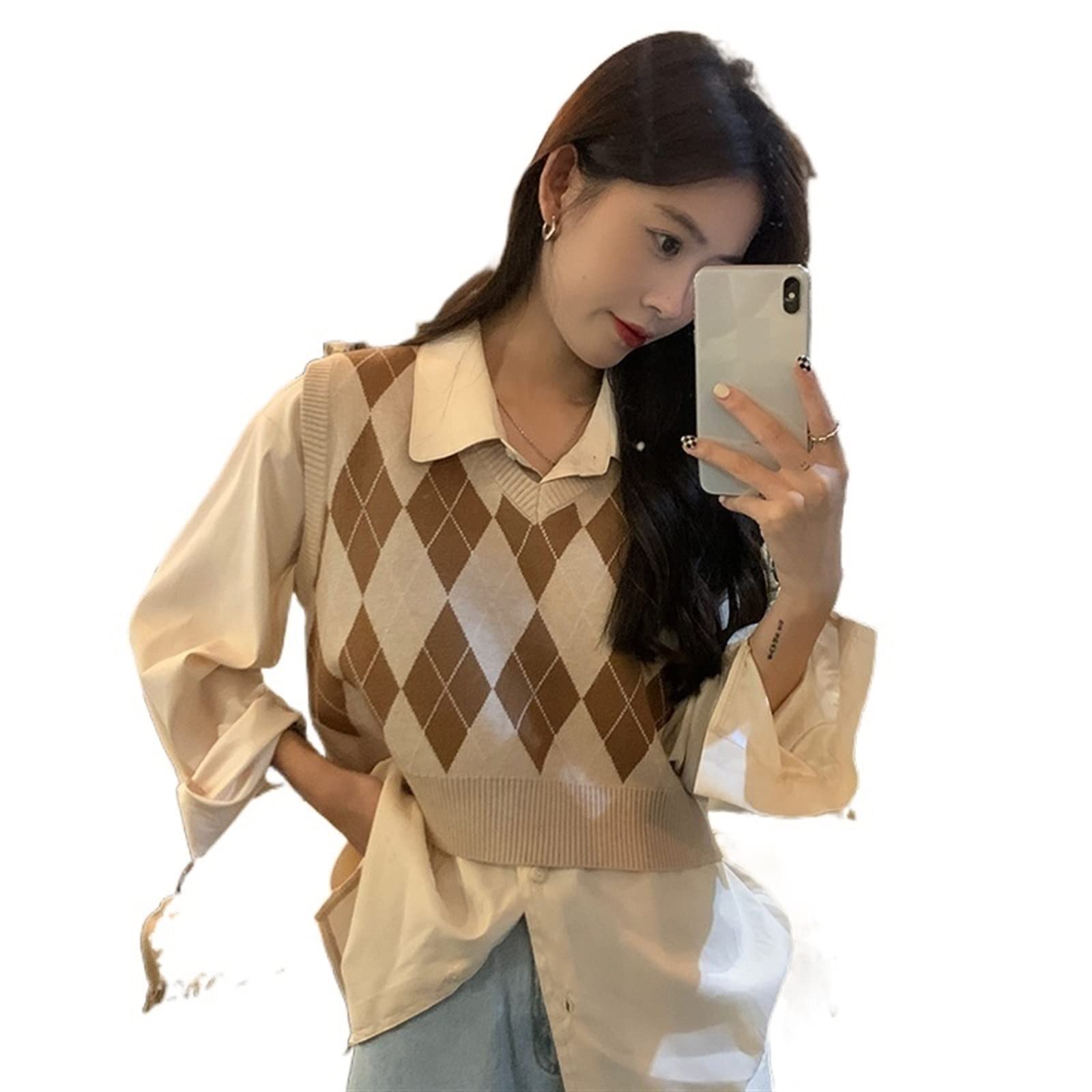ETZRYSYB Womens Jumpers Knitted Sweater Vest Waistcoat V-Neck Rhombic Jumpers Tops Knitwear for Women Outside Wear Spring Autumn Khaki