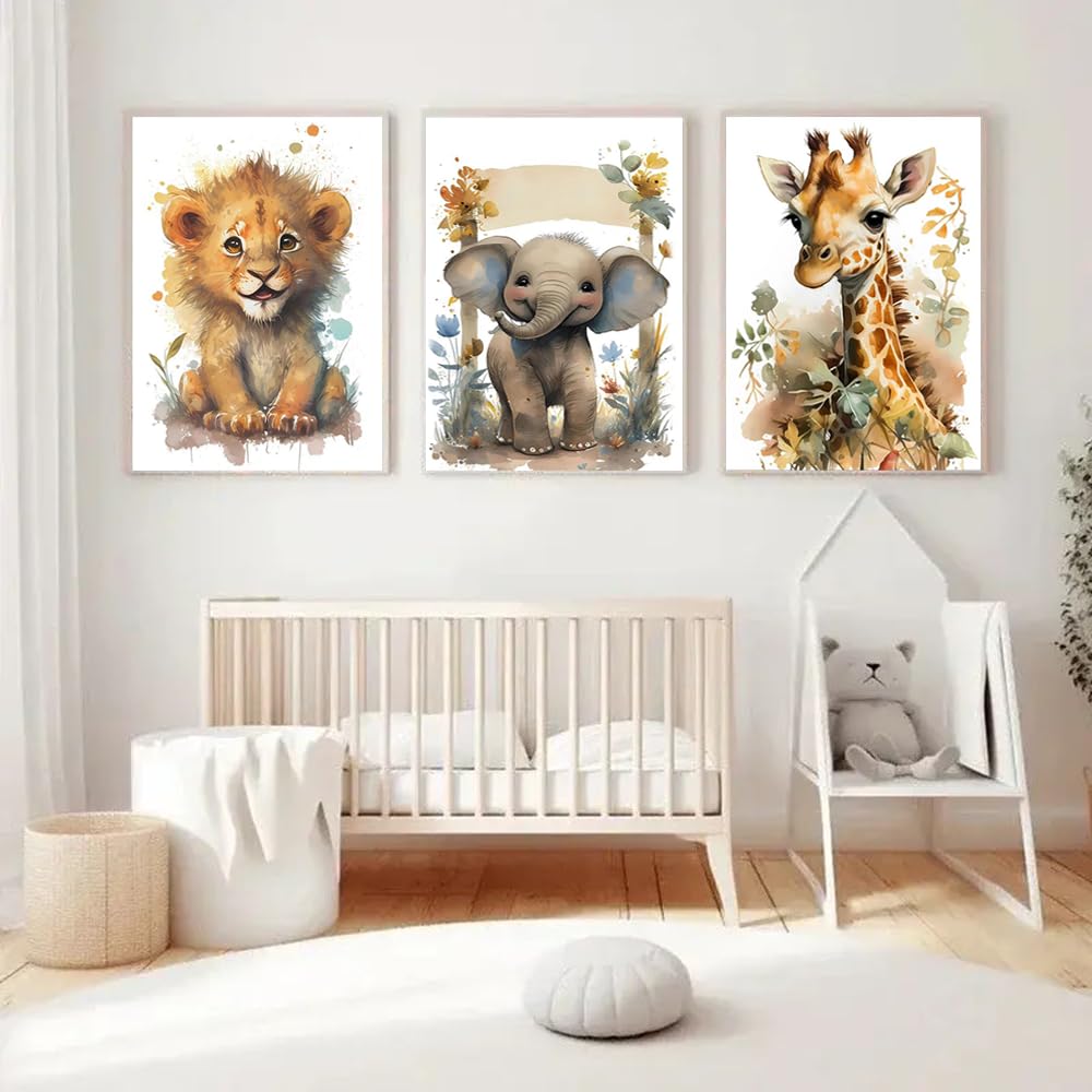 Youihom 3 Affiche Animaux Chambre Bebe Affiche Jungle Enfant Poster Bebe Garcon Beige Marron Boho Tableau Bébé Elephant Lion Girafe Safari Affiche Decoration Murale Toile sans Cadre (YHH016-50x70cm)