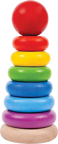 PlanToys Anillo de juguete de madera de 8 piezas para clasificar y apilar (5124) | Colección Rainbow Color | Hecho de madera de caucho y pinturas y