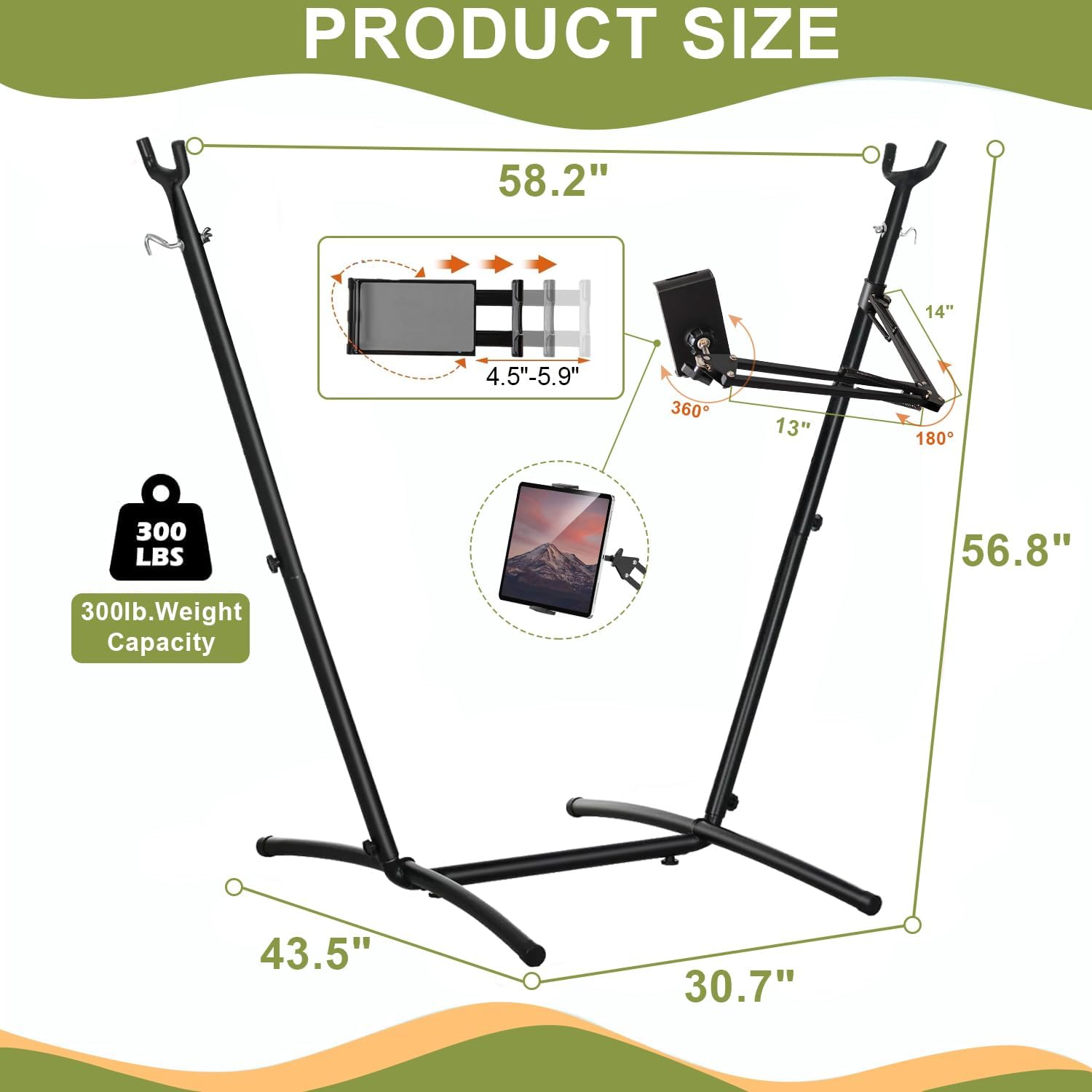 NUNET Hammock Chair with Stand Phone/Tablet Holder Included Portable Double Swing Chair Adjustable Height Steel Stand Macrame w. Pillow Indoor Outdoor Balcony Patio 300lbs Capacity (2025 Upgraded)