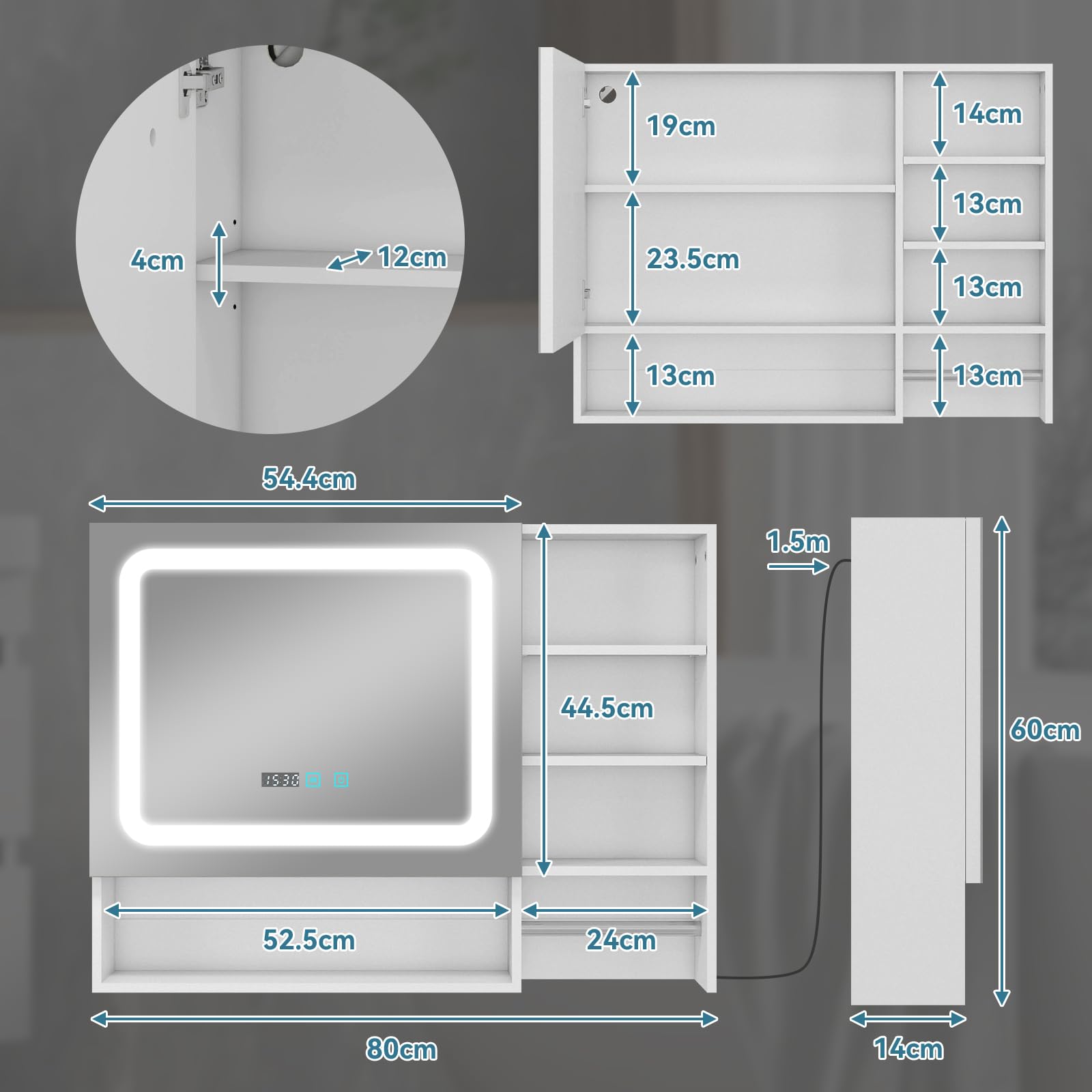 YU YUSING Specchio Contenitore Bagno con Luce, Mobile Bagno Sospeso con LED 80x14x60 cm, Armadietto con Portasciugamani, 3 Modalità di Luce, 3 Ripiani Regolabili, Bianco